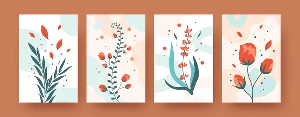 現代美術ポスターの夏の花コレクション モダンな花や葉のベクトルイラスト バナー ウェブサイトのデザインや背景のための自然と花の概念 — ストックベクタ