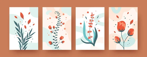 Colección Floral Verano Carteles Arte Contemporáneo Flores Modernas Hojas Ilustraciones — Vector de stock