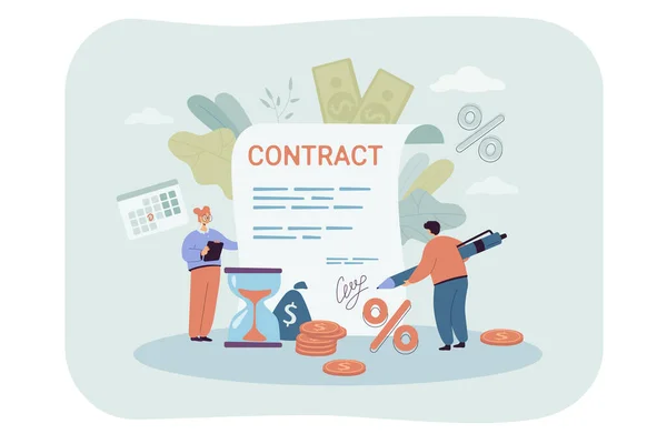 Tiny People Signing Giant Contract Flat Vector Illustration Man Woman — Stock Vector