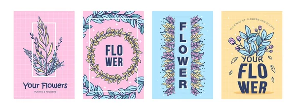 Blumen Plakate Aufgestellt Blätter Knospen Kranzvektorillustrationen Mit Text Florist Oder lizenzfreie Stockvektoren