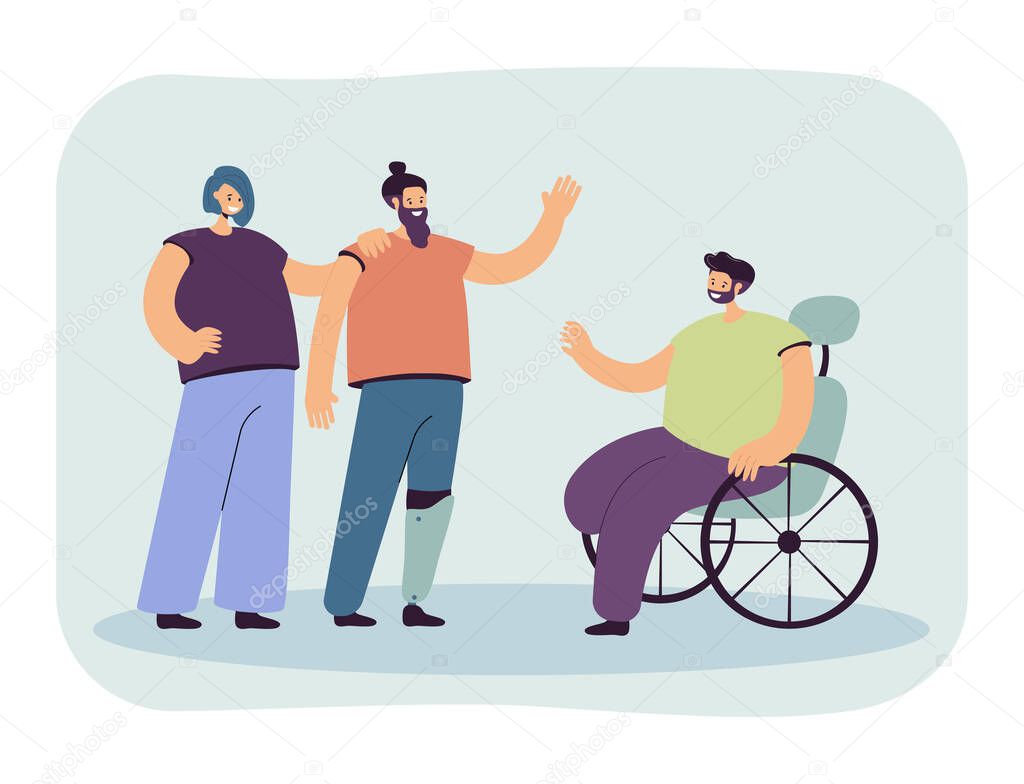 Disabled person greeting man in wheelchair. Character with artificial leg, handicapped people flat vector illustration. Communication, disability, lifestyle concept for banner, website design