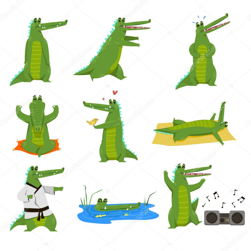 Funny alligator cartoon character vector illustration set. Drawings of crocodile in pond, big green gator running, meditating, dancing isolated on white background. Nature, wildlife, animals concept