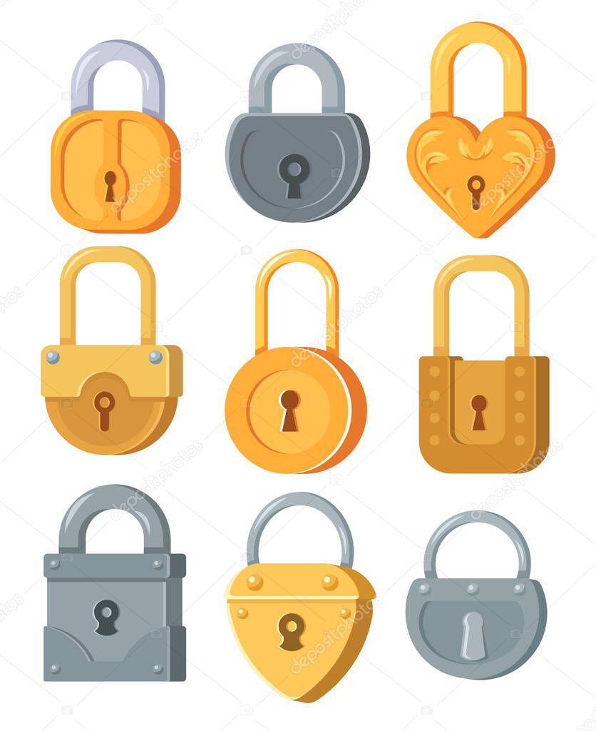 Metal padlocks of different forms flat illustration set. Cartoon lock for safety and security with secure mechanism isolated vector illustration collection. Encryption and protection concept