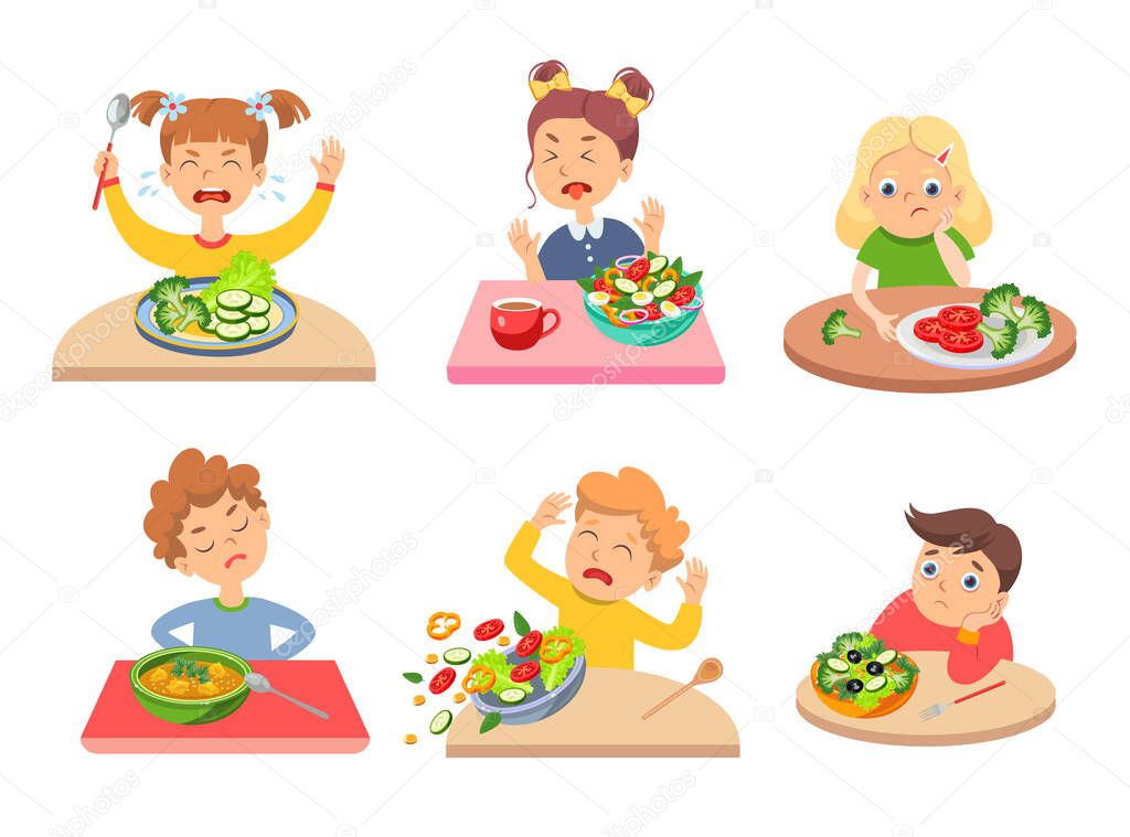 Picky children refusing healthy food. Cartoon vector illustration. Set of naughty kids rejecting vegetables, crying, dreaming of burgers, sitting at tables. Food, health, diet, caprice concept