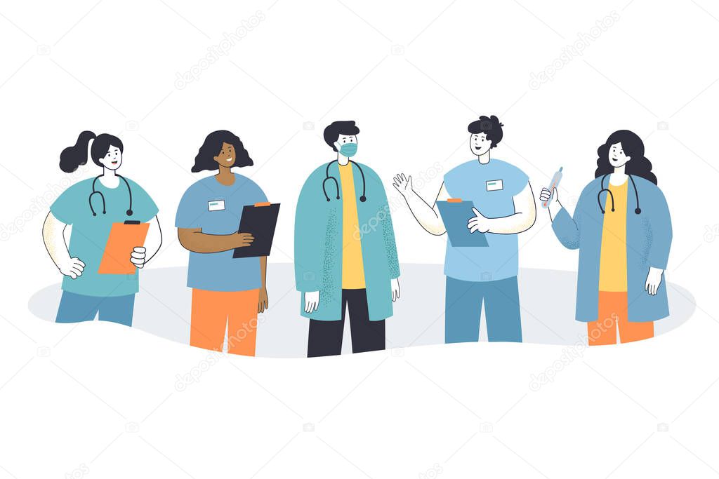 Team of cartoon hospital or clinic staff in masks. Group of male and female doctors in uniform, nurses, medical professionals flat vector illustration. Health, healthcare, medicine, profession concept