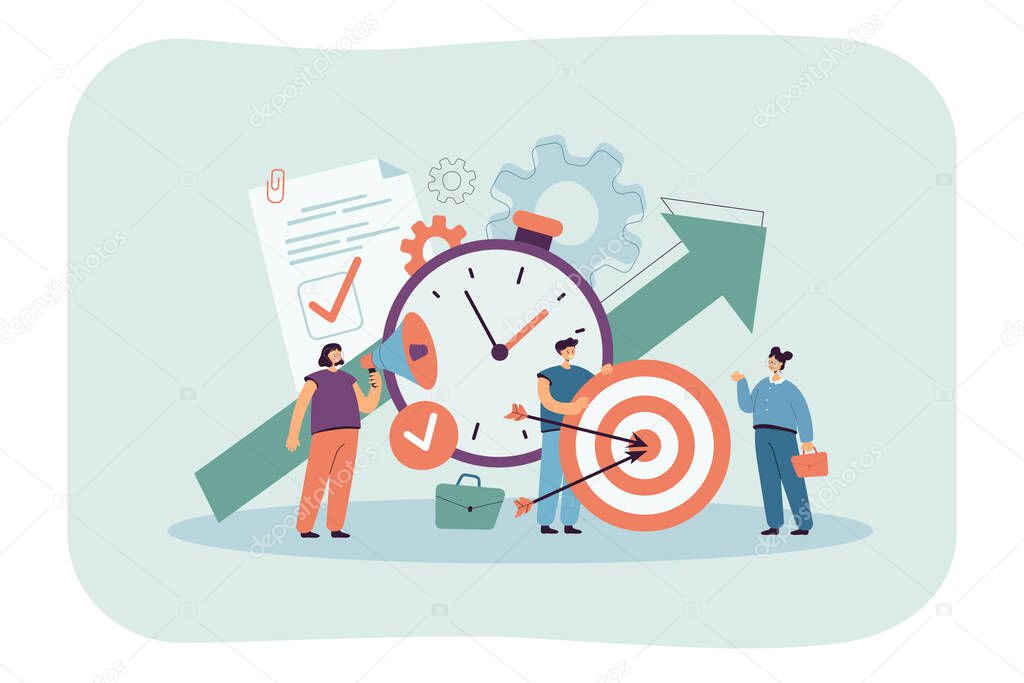 Tiny people with clock, checklist and target. Productive cartoon characters achieving goal flat vector illustration. Discipline, time management concept for banner, website design or landing web page