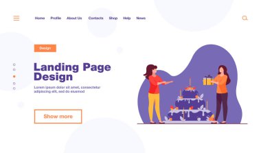 Minik bir kadın arkadaşına hediye paketi sunuyor. Pasta, tatil, mum düz çizim. Pankart, web sitesi tasarımı veya iniş sayfası için kutlama ve doğum günü konsepti