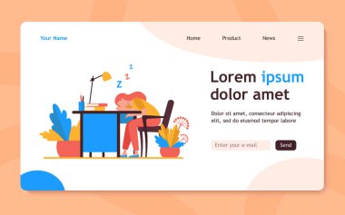 Çalışırken masada uyuyan yorgun bir kadın. Masa, yorgunluk, çalışan düz vektör çizimi. Sancak, web sitesi tasarımı veya iniş sayfası için işyeri ve işgal kavramı