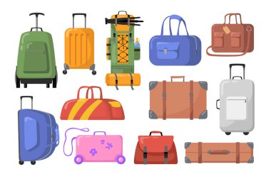 Seyahat çantaları hazır. Çocuklar ve yetişkinler için tekerlekli plastik ve metal bavullar, yürüyüş çantaları. Turizm, bagaj, bagaj, tur konsepti için vektör illüstrasyonu
