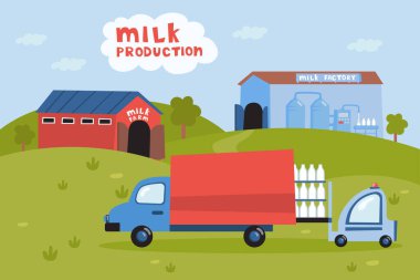 Kamyon, çiftlik vektör illüstrasyonundan süt alıyor. Forklift şişeleri arabaya yüklüyor, süt ürünlerinin taşınması, süt fabrikası. Süt üretimi, süt ürünleri, sanayi, gıda kavramı