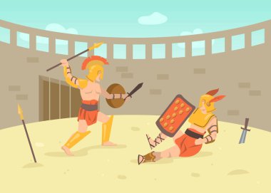 İki Romalı zırhlı savaşçı arenada kılıçlarla savaşıyor. Çizgi film vektör çizimi. Antik Roma, Yunanistan 'daki Colosseum savaş alanında gladyatör savaşıyor. Antik tarih, kültür, savaş kavramı