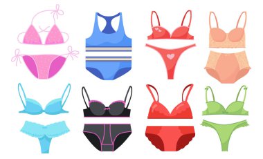 Kadınlar için iç çamaşırı. Renkli bağcıklı bikini, beyaz sütyen ve külot. Moda, moda, kıyafet konsepti için vektör illüstrasyonları