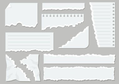 Beyaz yırtık kağıt çarşaflar web tasarımı için düz set. Çizgi filmdeki yırtık not kağıdı notları vektör illüstrasyon koleksiyonunu izole etti. Boş parçaları ve notlar konseptini not et