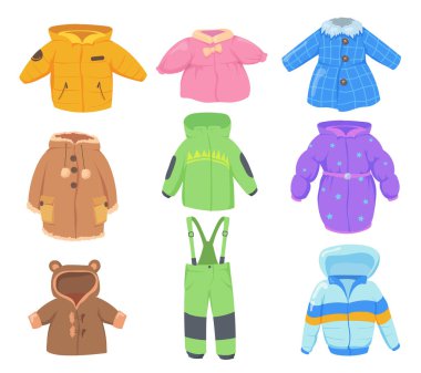 Çocuklar için kış kıyafetleri. Beyaz arka planda izole edilmiş çocuklar için renkli ceketler, ceketler, pantolonlar. Moda mağazası, satış, çocukluk konsepti için vektör illüstrasyonu