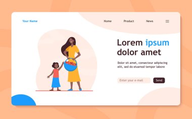 Woman and kid carrying basket of strawberry. Mom and daughter, fresh berries, fruit. Flat vector illustration. Organic food, gardening, fruits concept for banner, website design or landing web page