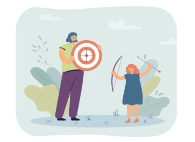 Kadın ve kız yay vektör illüstrasyonuyla oynuyor. Anne nişan alıyor, ok ve yay tutan kız, gülümsüyor. Pankart için aile zamanı konsepti, web sitesi tasarımı, iniş web sayfası