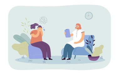 Terapi seansında ağlayan kadın. Psikolog depresif kadın karakter düz vektör illüstrasyonunu dinliyor. Pankart, web sitesi tasarımı veya iniş sayfası için ruh sağlığı, psikoloji konsepti