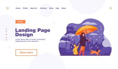 Şemsiyeli bir kadın, yağmurluklu bir kız ve şehir parkında yağmurda yürüyen bir köpek. Aile aktivitesi için vektör illüstrasyonu, kötü hava, sağanak konsepti