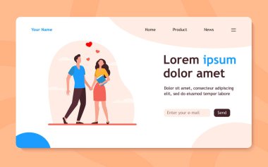 Ayakta duran ve el ele tutuşan genç çift. Kalp, kız arkadaş, erkek arkadaş düz vektör çizimi. Pankart, web sitesi tasarımı veya iniş web sayfası için aşk ve ilişki kavramı