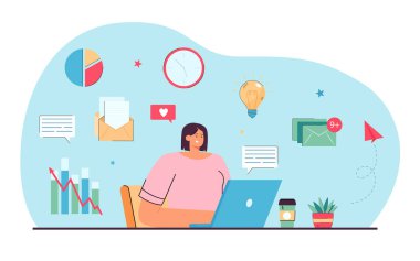 Çevrimiçi düz vektör illüstrasyonunda çalışan genç yönetici. Sosyal ağların uzaklık içeriği analizini yürüten kadın bir uzman etkili bir SMM stratejisi yaratıyor. Teknoloji, serbest meslek, işyeri konsepti