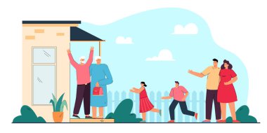 Genç ebeveynler çocukları dedelerine getiriyorlar. Düz vektör çizimi. Verandada durup torunlarını ve torunlarını karşılayan mutlu büyükanne ve büyükbaba. Aile, toplantı, tatil konsepti.