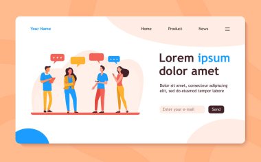 Ayakta duran ve birbiriyle konuşan gençler. Konuşma balonu, akıllı telefon, kız düz vektör çizimi. Pankart, web sitesi tasarımı veya iniş web sayfası için iletişim ve tartışma kavramı