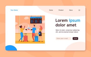 Havaalanında uçak bekleyen gençler. Uçuş, uçak, bagaj düz vektör çizimi. Pankart, web sitesi tasarımı veya iniş sayfası için seyahat, gezi ve tatil konsepti