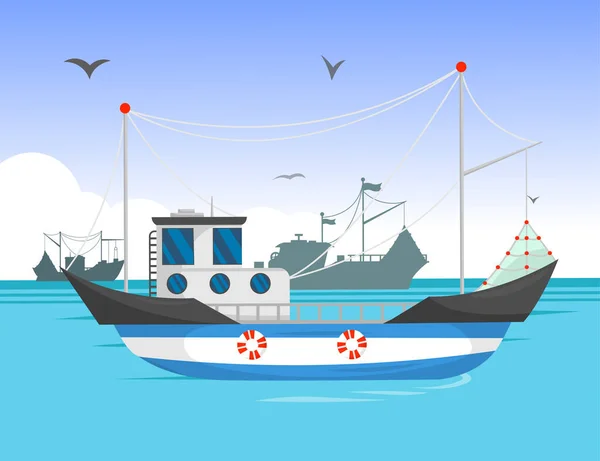 Arrastrero Navegando Ilustración Dibujos Animados Luz Del Día Barco Pesca — Vector de stock