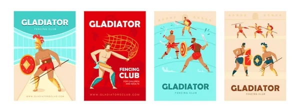 Trendy Posterontwerpen Met Colosseum Gladiatoren Levendige Brochures Met Oude Krijgers — Stockvector