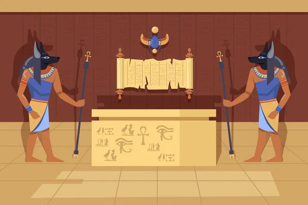 Zwei Anubis Gottheiten Mit Ankh Gehstöcken Neben Mumienetui Zeichentrickvektorillustration Ägyptische — Stockvektor