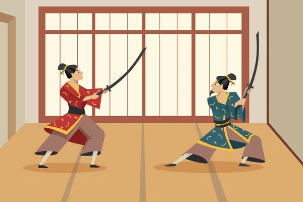 剣で戦う2人の漫画の武士のキャラクター フラットベクトルイラスト 伝統的な着物を着たアジアの戦士たちがポーズをとって立っている アジア 文化の概念 — ストックベクタ