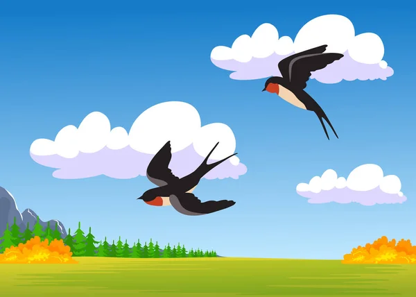 秋の畑を飛ぶ2匹の漫画のツバメ フラットベクトルイラスト 背景に雲と草原を飛ぶ鳥のカラフルな自然景観とペア 野生動物 鳥の概念 — ストックベクタ