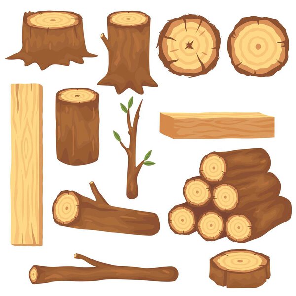 Варианты деревянных бревен и лотков плоские картинки для веб-дизайна. Мультфильм деревянные пиломатериалы, доски и ветви изолированные векторные иллюстрации коллекции. Концепция лесных строительных материалов