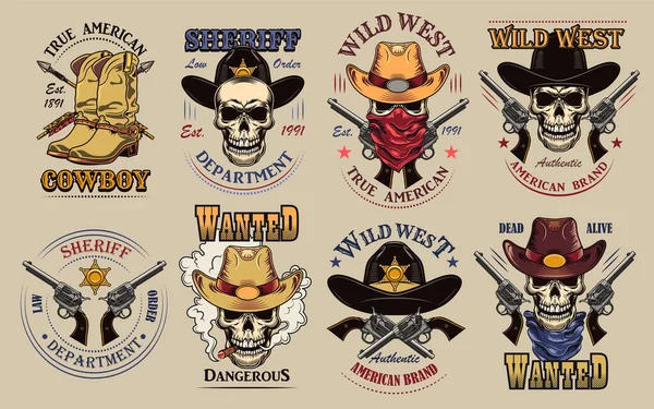 Vintage Wild West Plochá Značka Nastavena Barevné Symboly Salónu Nebo — Stockový vektor