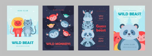Wild animal posters set cartoon vector illustration. Cute beasts for kids club, wild quiz. Lion, panda, monkey, giraffe characters in flat colorful design. Game, animal, nature, zoo, circus concept