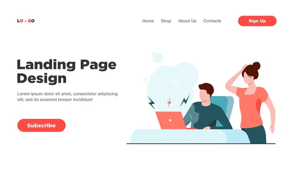 Mladý Muž Rozbitým Počítačem Ženou Šoku Výpary Defekty Plochá Vektorová — Stockový vektor