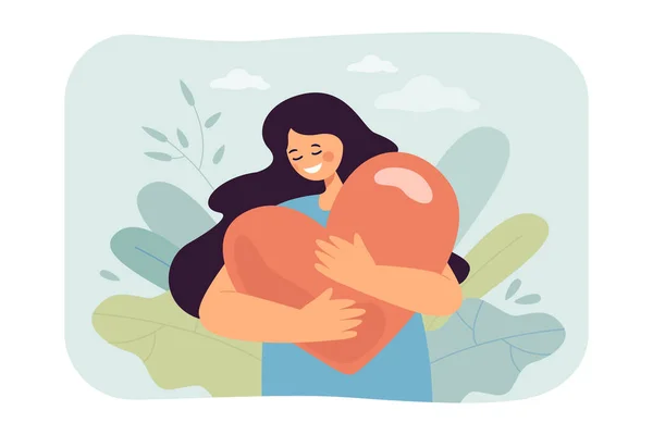 Koca bir kalbi olan genç bir kadın. Kadın karakter gülümsüyor, yardım alıyor, güç ve özgürlük düz vektör çizimi. Ruh sağlığı, aşk, pankart, web sitesi tasarımı veya iniş sayfası için barış kavramı