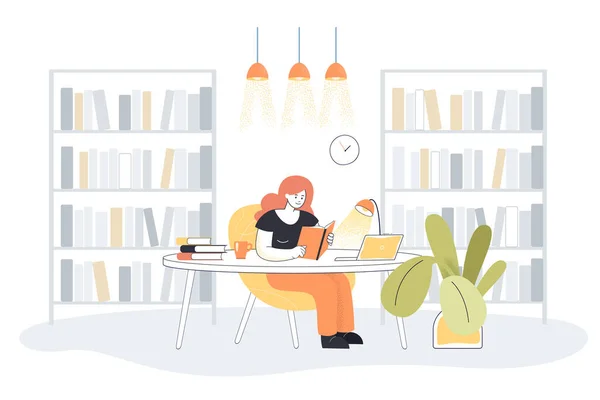 図書館の中で本を読んでいる若い女性 フラットベクトルイラスト 漫画の女性は本の壁と部屋で勉強し ノートパソコンとランプで机に座っています 図書館 読書の概念 — ストックベクタ