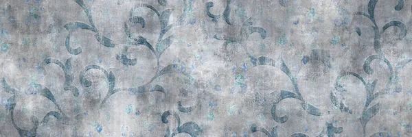 Çimento Desenli Mavi Yapraklar Eski Duvar Kağıdı Arkaplanı — Stok fotoğraf
