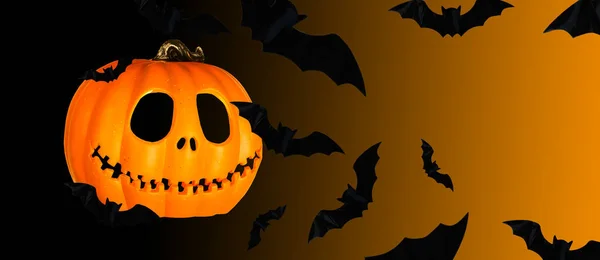 Zwart vliegende vleermuizen en op een zwarte oranje achtergrond, halloween achtergrond banner — Stockfoto