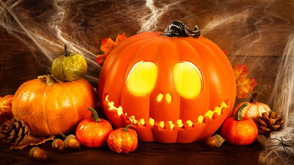 호박 머리 잭 오 랜턴 (Jack-o-lantern) 과 다른 작은 호박 (pumpkins), 원추세포, 오크, 거미 그물 (acorns) — 스톡 사진