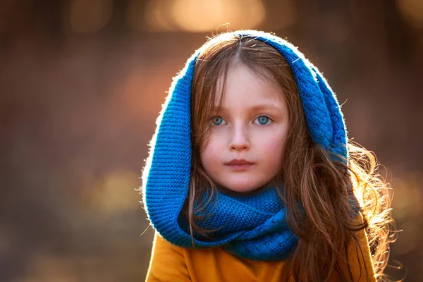 Porträtt av en vacker liten flicka med blå ögon på en brun bakgrund Royaltyfria Stockfoton