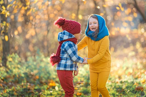 Dzieci śmieją się, bawią i zabawiają w parku jesienią — Zdjęcie stockowe