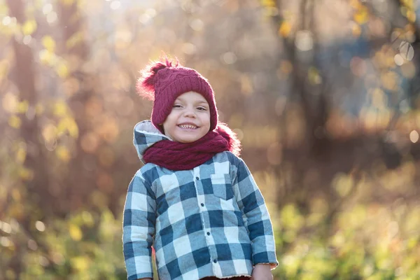 Portret uśmiechniętego chłopca w kapeluszu i szaliku jesienią z przestrzenią do kopiowania — Zdjęcie stockowe