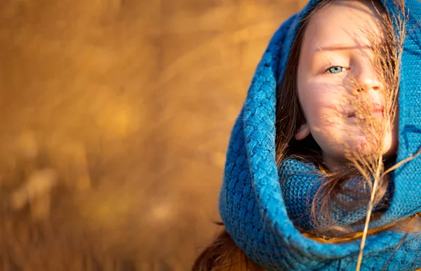 Retrato de una hermosa niña con ojos azules sobre un fondo marrón —  Fotos de Stock