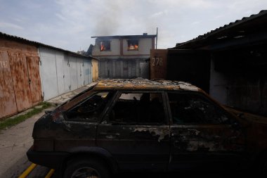 04-19-2022 A warehouse was destroyed by Russian shells on the outskirts of Kharkiv Ukraine