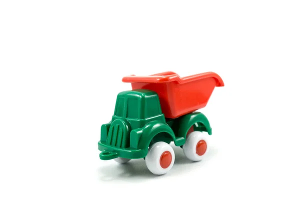 Groene Verf Plastic Speelgoed Mijnbouw Truck Geïsoleerd Witte Achtergrond — Stockfoto