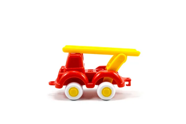 Red Paint Plastic Toy Fire Truck Yellow Ladder Isolated White — Stock Photo, Image