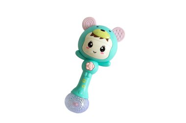 Yeni doğmuş bebek plastik çiğneme oyuncakları, beyaz arka planda izole edilmiş, yapışkan oyuncaklar çocuklar için diş çıkarma oyuncakları..