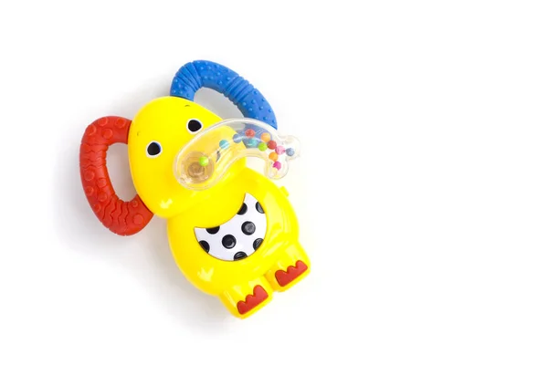 婴儿塑料咀嚼玩具初出茅庐的玩具 儿童用 黄色大象形玩具 白色背景隔离 — 图库照片